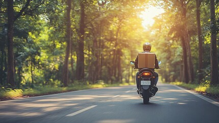 3D clay-style delivery motorbike with a large package on the back speeding down a road with tall clay trees lining the side Large space for text in center Stock Photo with copy space