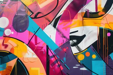 A vibrant abstract mural featuring bold colors like pink, blue, and yellow. The design includes geometric shapes and fluid lines, creating a dynamic visual effect. Ideal for urban art themes.