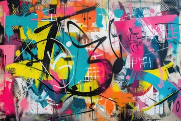 A vibrant and colorful abstract graffiti artwork featuring bold shapes and splashes of paint in bright colors like pink, yellow, and blue, set against a textured background.
