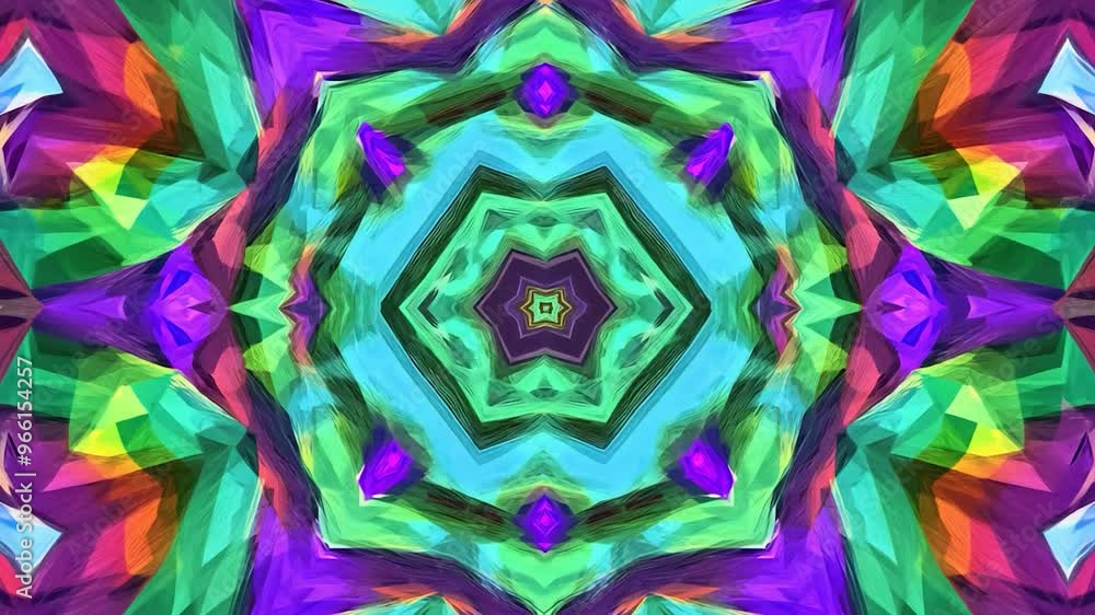 Poster Digitally generated abstract background displaying a colorful kaleidoscope pattern forming symmetrical shapes, with a central focal point and a sense of depth and movement