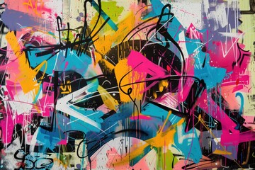 Obraz premium A vibrant abstract graffiti mural featuring bold colors like pink, blue, yellow, and black. The artwork showcases dynamic shapes and lines, creating an energetic and modern urban feel.