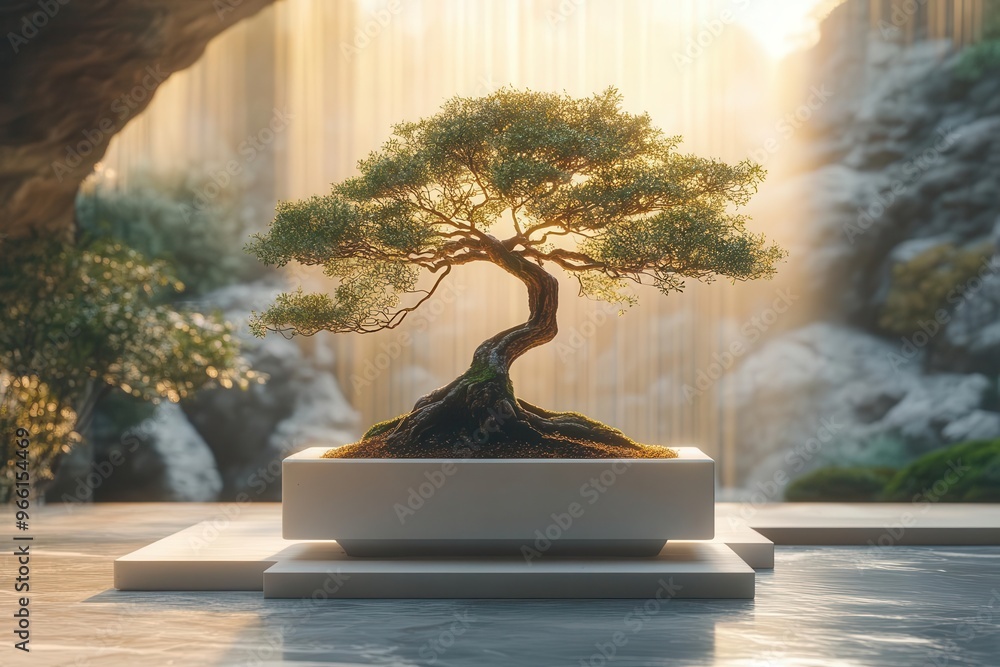 Wall mural zeninspired minimalist scene with a single bonsai tree in a modern white cubic planter set against a backdrop of soft diffused light