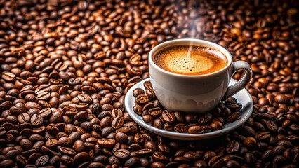 Close up of hot coffee cup with coffee beans decoration