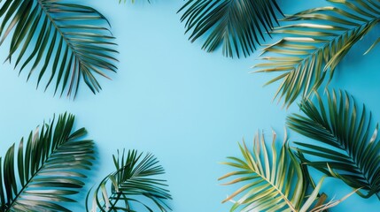 A blue background with palm leaves on it
