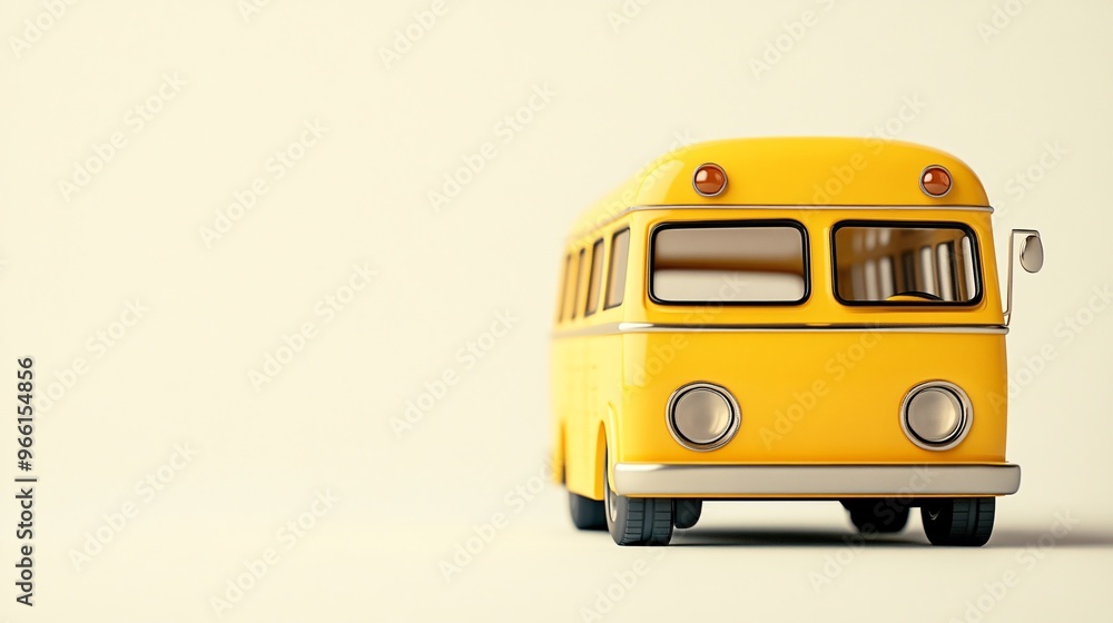 Poster Cartoon-style city bus with exaggerated features and rounded shapes traveling on a flat white background Large space for text in center Stock Photo with copy space