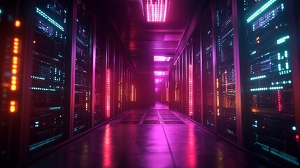 Fototapeta premium High-Tech Data Center with Glowing Servers - AI generated illustration