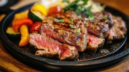 A close-up of a beautifully seared steak on a sizzling hot plate, with a rich, caramelized crust and a side of colorful roasted vegetables.