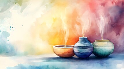 Watercolor Painting of Essential Oils Diffusing in a Calming Room with Soothing Scents and Space for Text