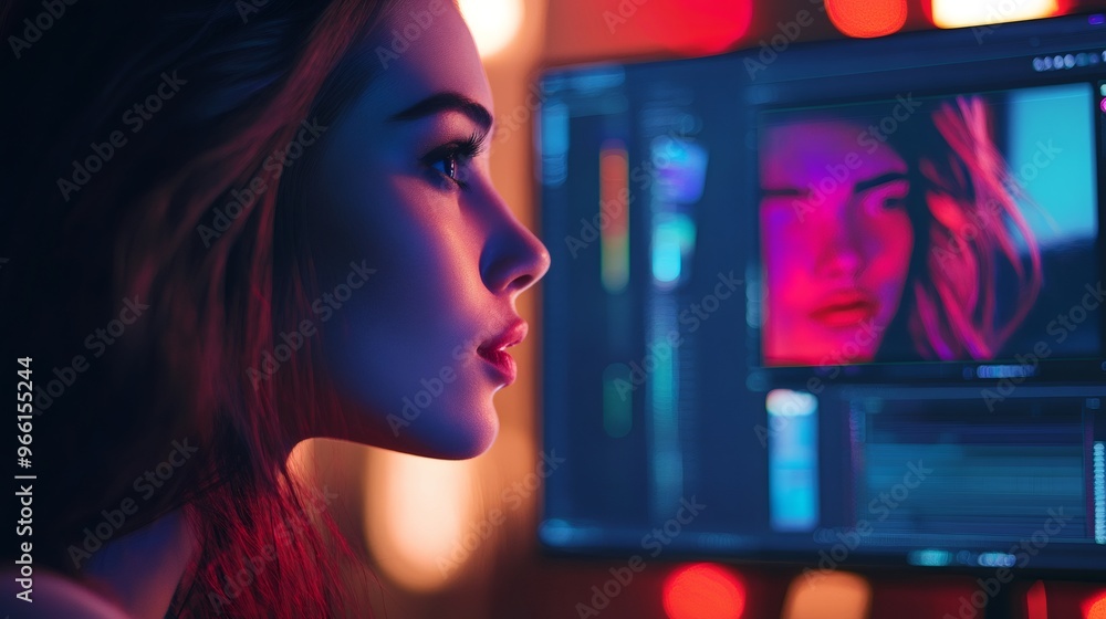 Poster woman in profile looking at a computer screen with a red-hued image.