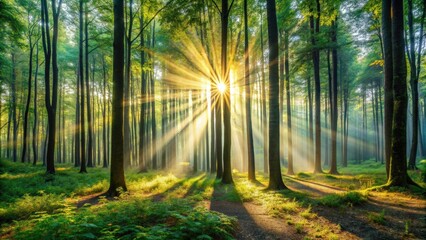 Naklejka premium Beautiful panoramic view of a forest with sun rays peeking through the trees