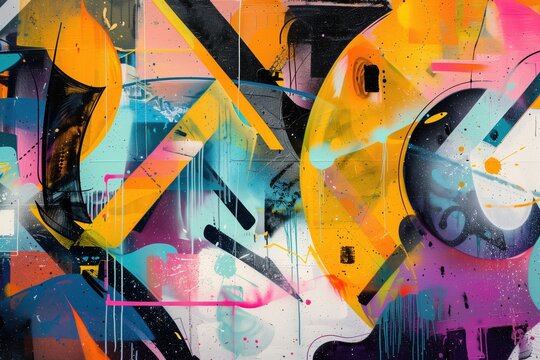 Fototapeta A vibrant abstract graffiti mural featuring bold colors like yellow, pink, blue, and black. The design includes geometric shapes, splashes, and drips, creating a dynamic urban art feel.