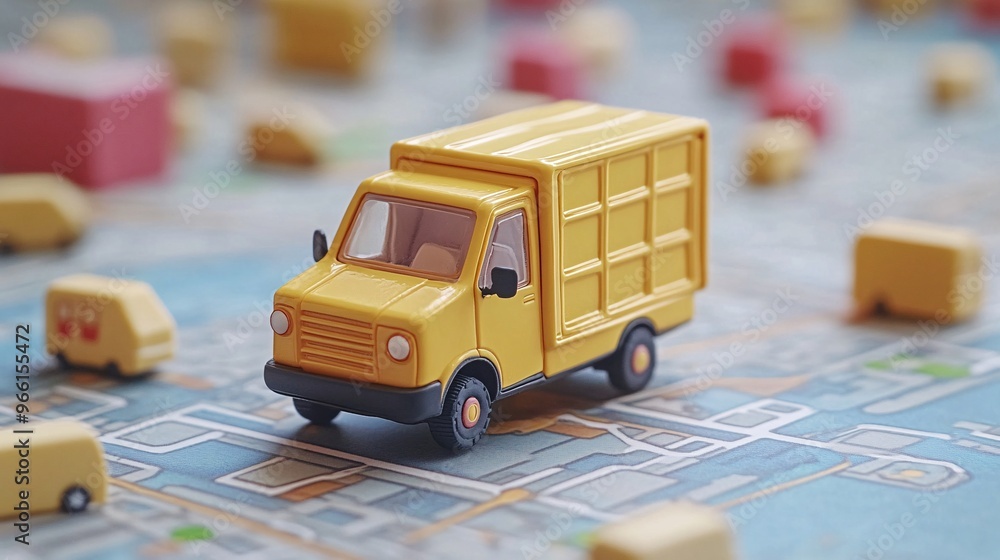 Poster 3D render of a cartoon-style app interface showing a transport and delivery map on a clean surface Large space for text in center Stock Photo with copy space