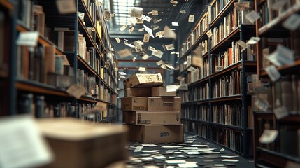 Obraz premium Clean Shelf of Books with Messy Warehouse Background - AI generated illustration