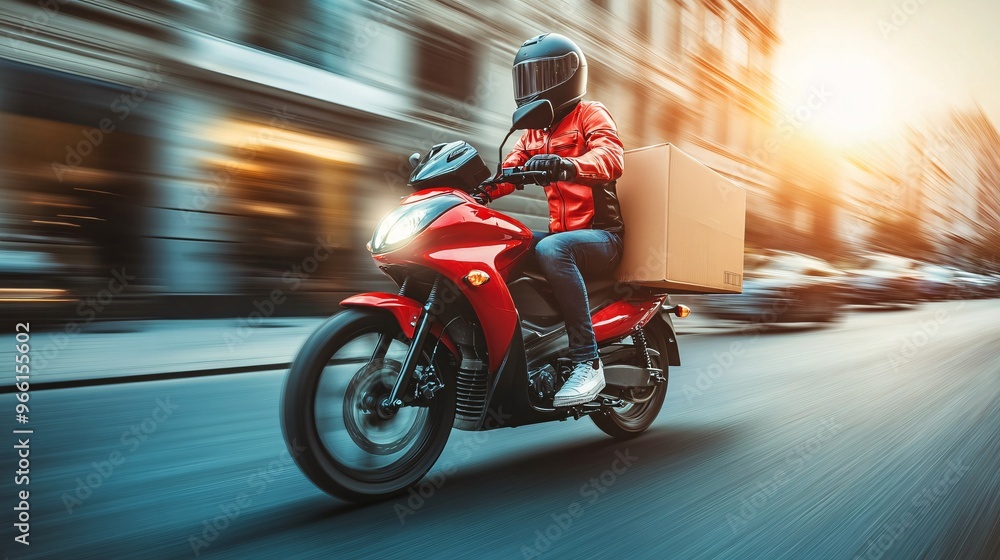 Aufkleber Cartoon-style motorbike courier with a large delivery box speeding across a simple clean background Large space for text in center Stock Photo with copy space