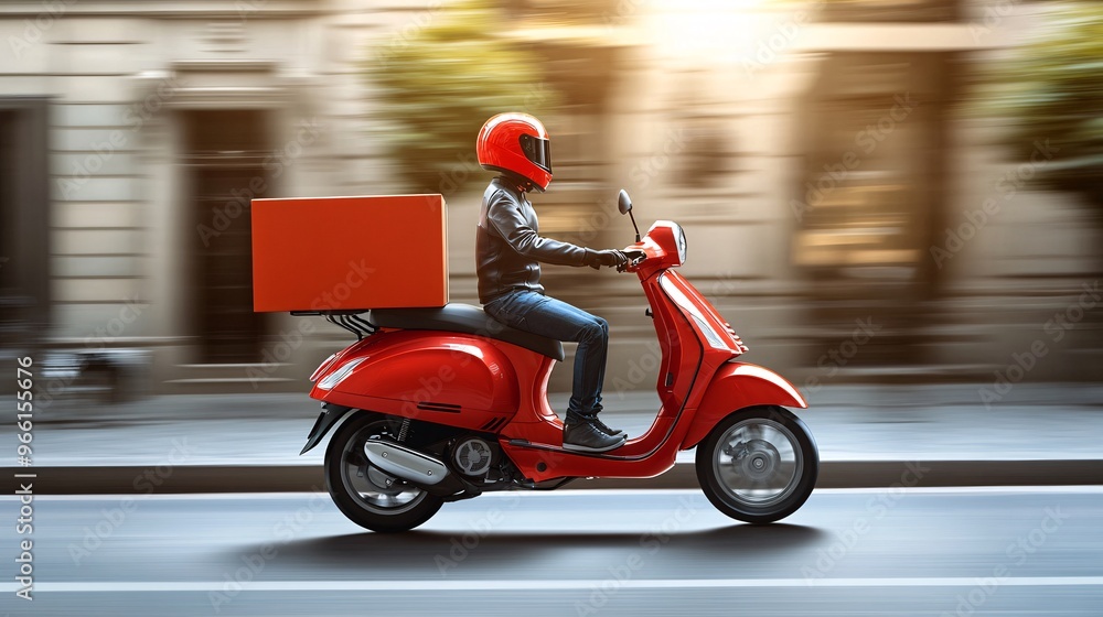 Poster Cartoon-style motorbike courier with a large delivery box speeding across a simple clean background Large space for text in center Stock Photo with copy space
