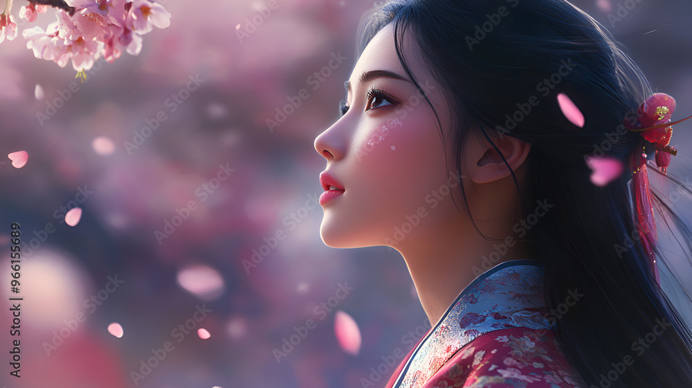 Poster oriental woman admiring cherry blossoms