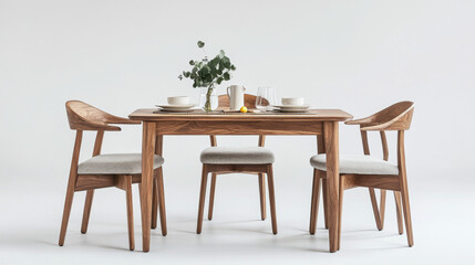 A stylish dining table and chairs, made of wood and fabric, are shown against a plain white backdrop. This set is perfect for a modern kitchen.
