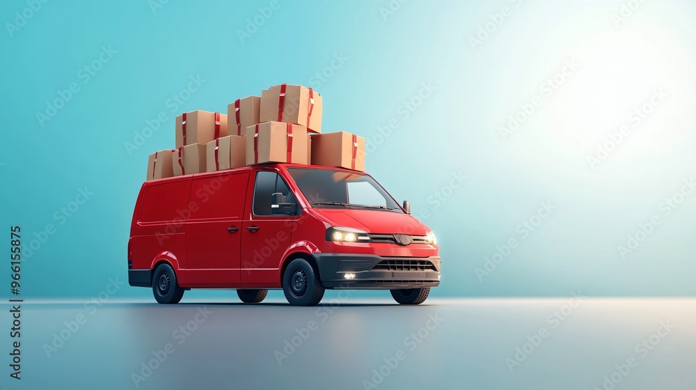 Poster 3d render of a cartoon-style delivery van filled with parcels driving across a clean white backgroun