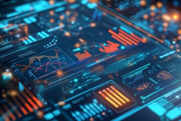 Futuristic digital interface with graphs, charts, and data displayed on a blue screen.
