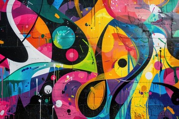 A vibrant and colorful abstract graffiti mural featuring swirling shapes and splashes of paint. The design includes a mix of bright colors like pink, blue, yellow, and green.