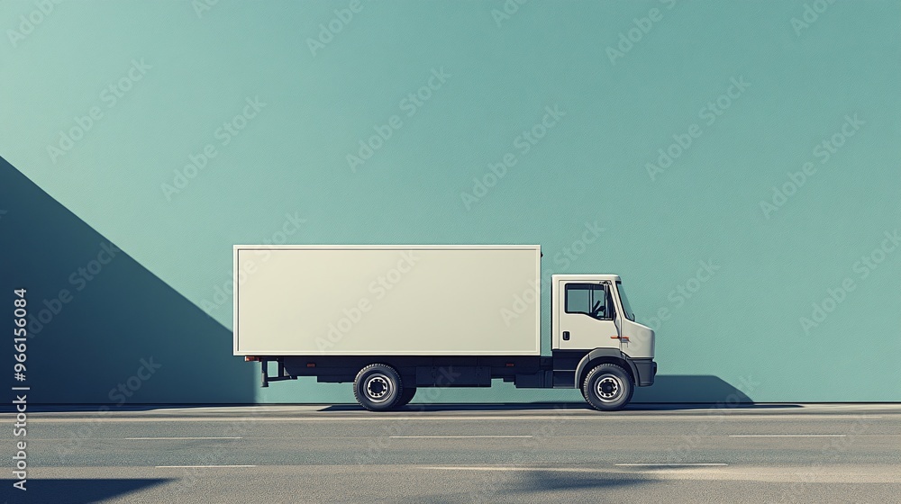 Aufkleber cartoon-style delivery truck with oversized wheels and a large cargo box parked on a minimal clean b