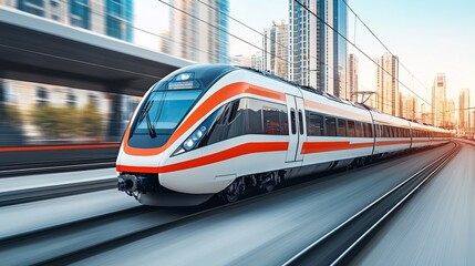 Naklejka premium Cartoon-style passenger train with large windows and exaggerated features moving on a smooth clean surface Large space for text in center Stock Photo with copy space