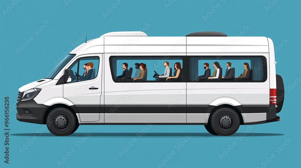 Poster cartoon-style passenger van with multiple people inside traveling across a blank clean background la