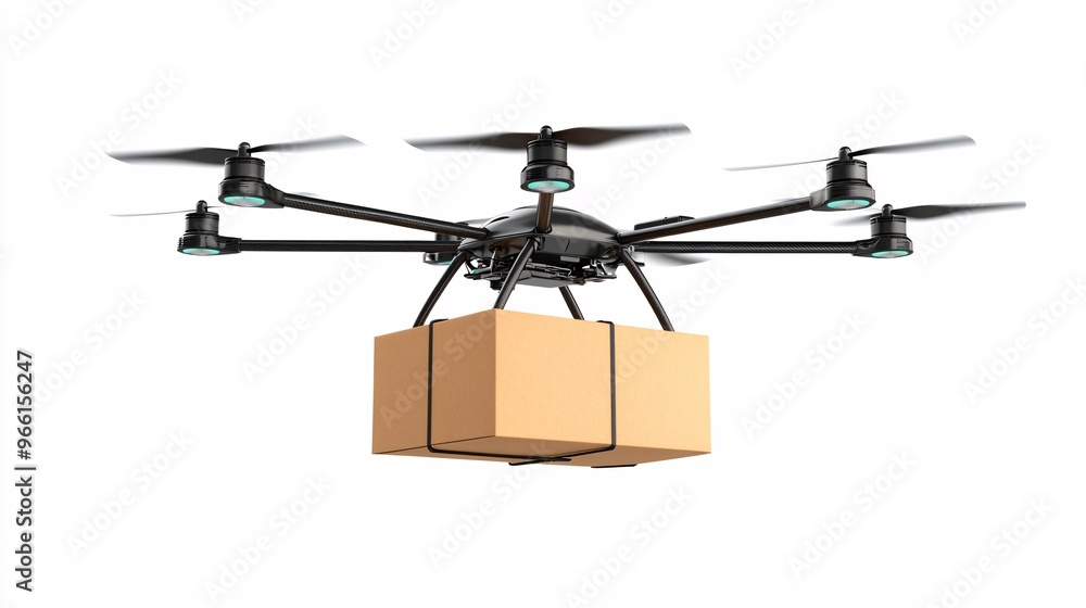 Poster cartoon-style delivery drone hovering mid-air carrying a large parcel ready to deliver isolated on a