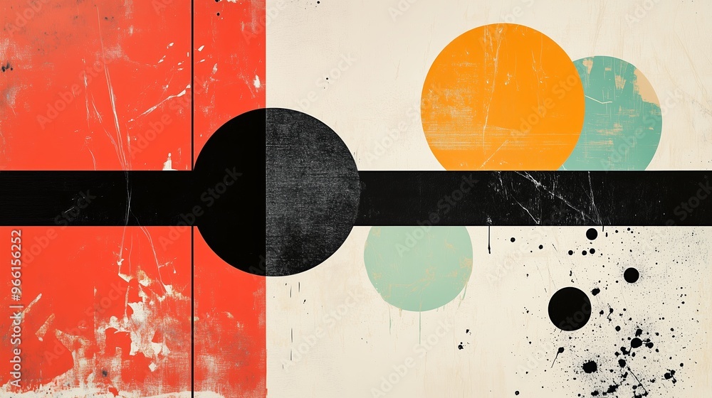 Poster abstract composition with bold colors and geometric shapes featuring circles and lines on a textured