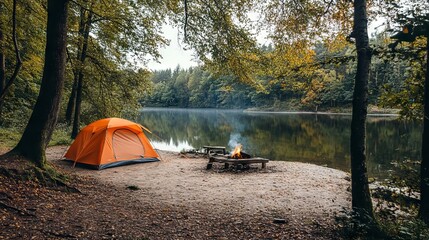 Orange Tent by Lake in Forest with Campfire and Barbecue Grill on Sand. AI generated illustration