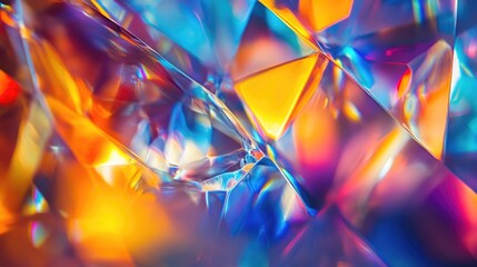 A close-up of a colorful abstract pattern created by light reflections in a crystal prism, displaying a spectrum of hues and intricate details.