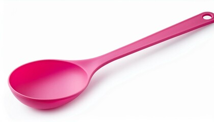 Pink plastic slotted spoon with a long handle isolated on a white background.