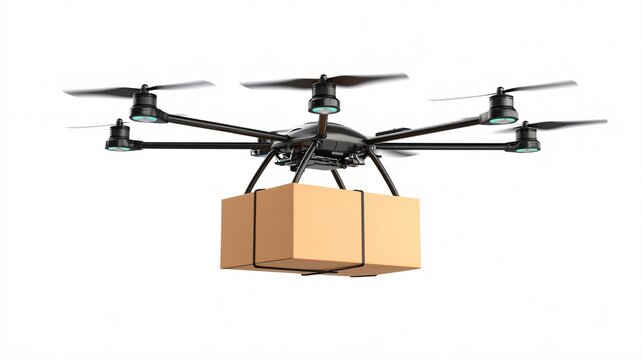 Cartoon-style delivery drone hovering mid-air carrying a large parcel ready to deliver isolated on a white background Large space for text in center Stock Photo with copy space