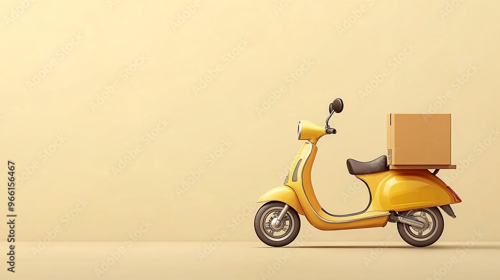 Aufkleber Cartoon-style electric scooter with a delivery box attached to the back isolated on a simple clean background Large space for text in center Stock Photo with copy space