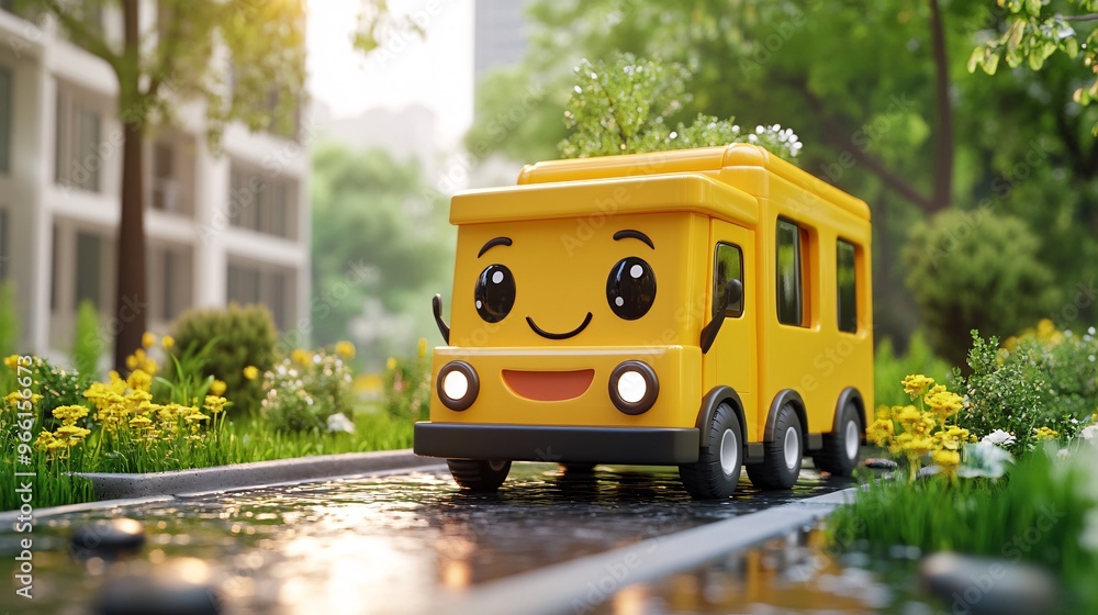 Poster 3D render of a cartoon-style delivery van with a smiling face on the front ready for service isolated on a clean background Large space for text in center Stock Photo with copy space
