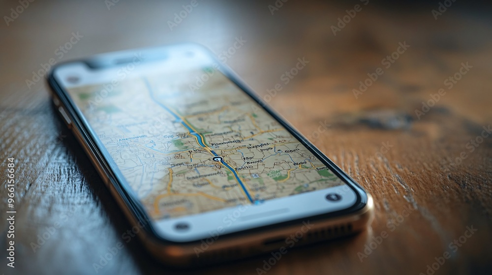 Aufkleber Cartoon-style ride-hailing app interface displayed on a smartphone screen showing a route map on a clean background Large space for text in center Stock Photo with copy space