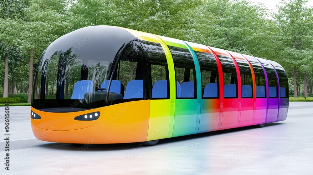 Poster Cartoon-style passenger bus with rounded windows and colorful seats driving across a clean blank space Large space for text in center Stock Photo with copy space