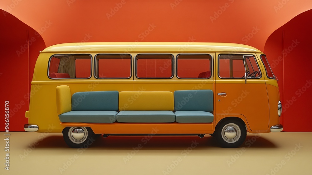 Poster Cartoon-style passenger bus with rounded windows and colorful seats driving across a clean blank space Large space for text in center Stock Photo with copy space