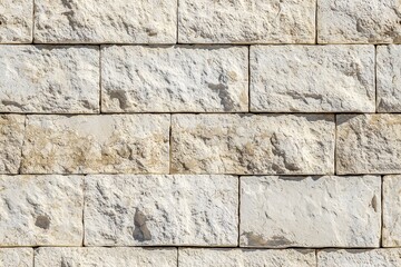 Textured limestone cladding stone wall made of rectangular blocks in light beige and cream colors, showcasing natural variations and imperfections.