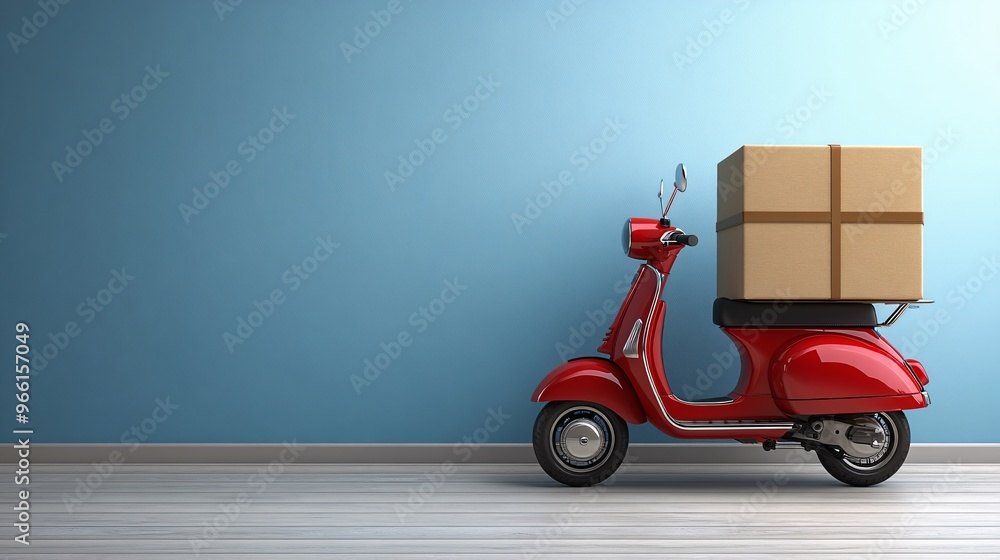 Aufkleber Cartoon-style delivery scooter zooming across a clean minimalist background with a large package on the back Large space for text in center Stock Photo with copy space