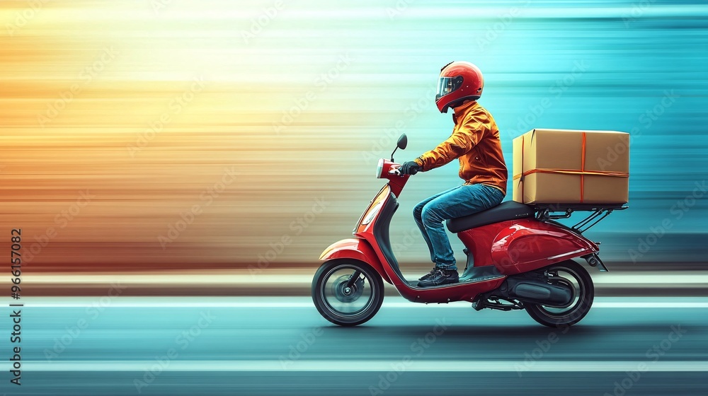 Aufkleber Cartoon-style delivery scooter zooming across a clean minimalist background with a large package on the back Large space for text in center Stock Photo with copy space