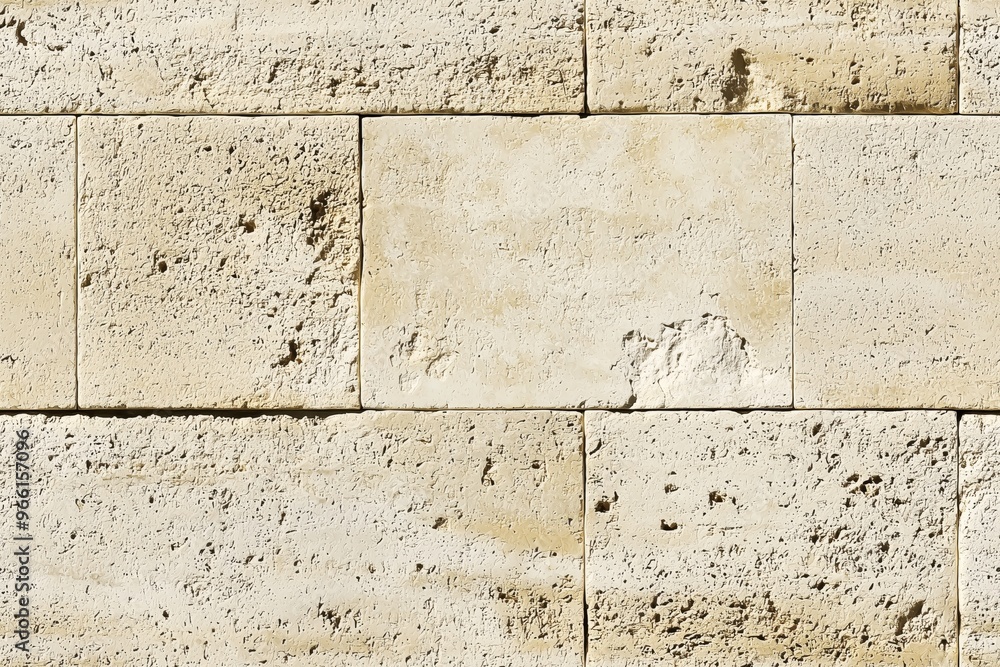 Poster textured limestone cladding stone wall made of large, rectangular blocks. the stones are light beige