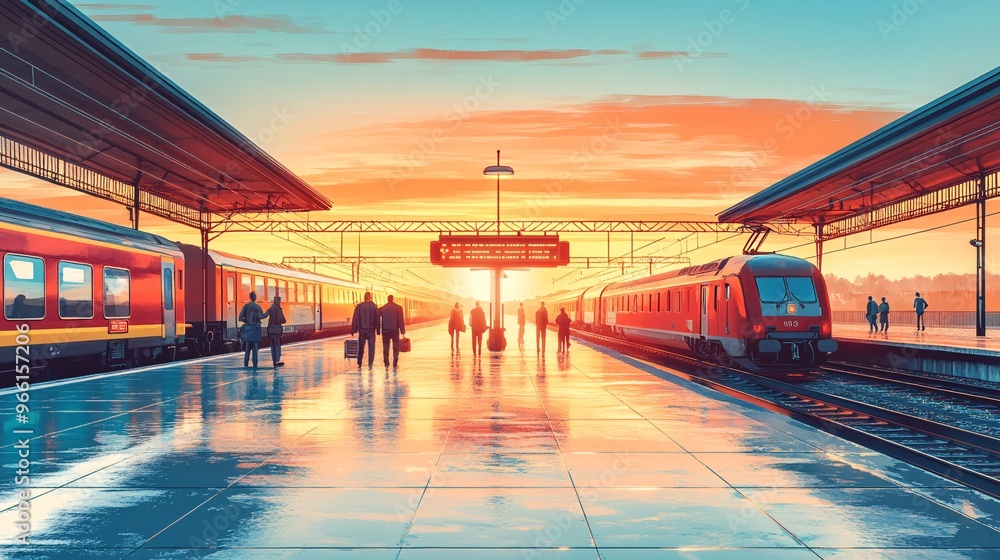 Aufkleber cartoon-style train station with colorful passengers and a cartoon train ready to board isolated on 