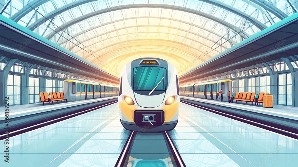 Aufkleber cartoon-style train station with colorful passengers and a cartoon train ready to board isolated on 