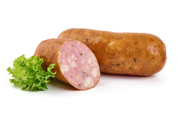 Smoked pork sausages, isolated on white background