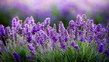 Obraz premium Purple lavender flowers in bloom with green leaves.