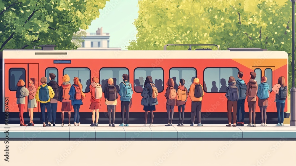 Aufkleber cartoon-style train station with colorful passengers and a cartoon train ready to board isolated on 