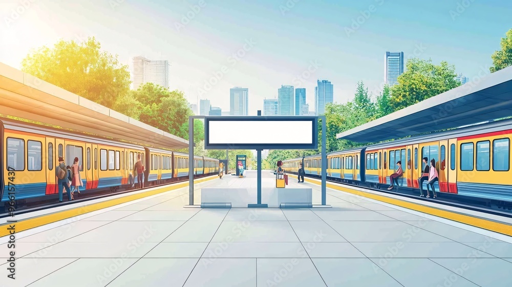 Aufkleber cartoon-style train station with colorful passengers and a cartoon train ready to board isolated on 