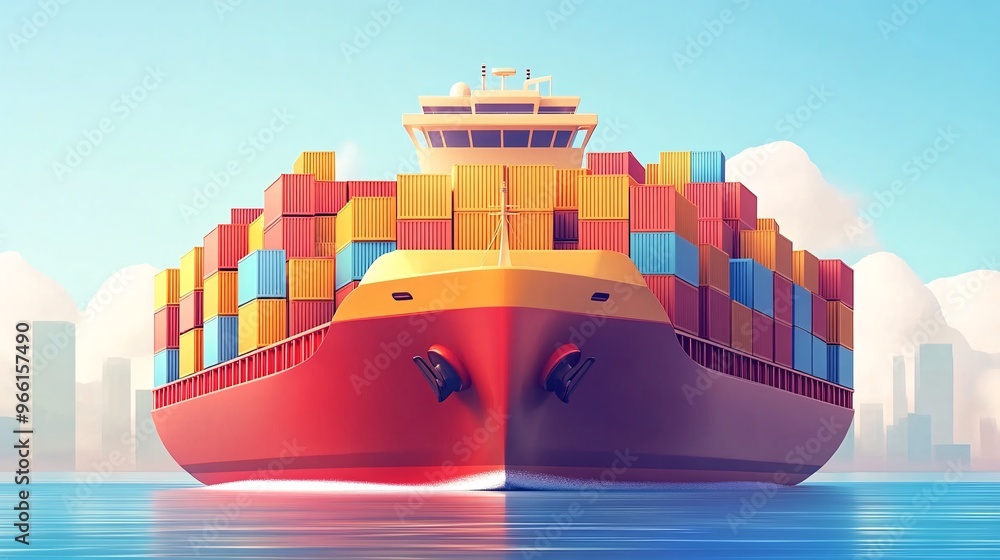 Poster cartoon-style cargo ship with exaggerated containers sailing across a clean blue surface ready for t