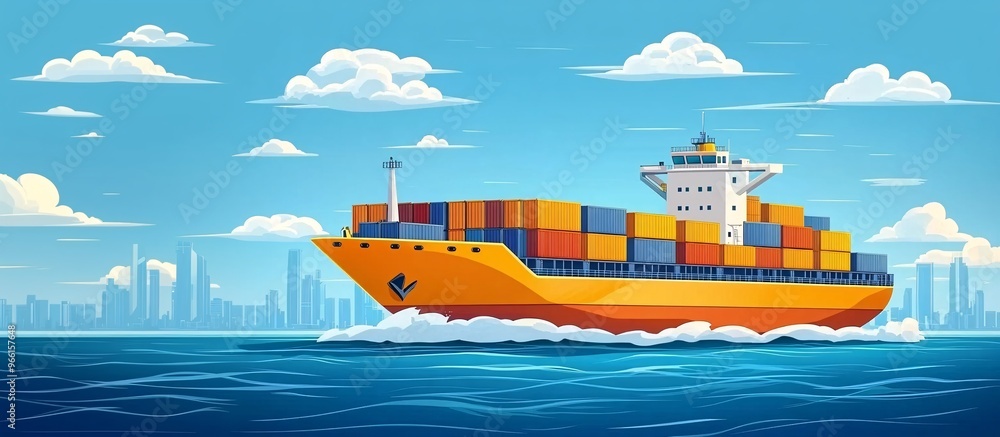 Poster cartoon-style cargo ship with exaggerated containers sailing across a clean blue surface ready for t